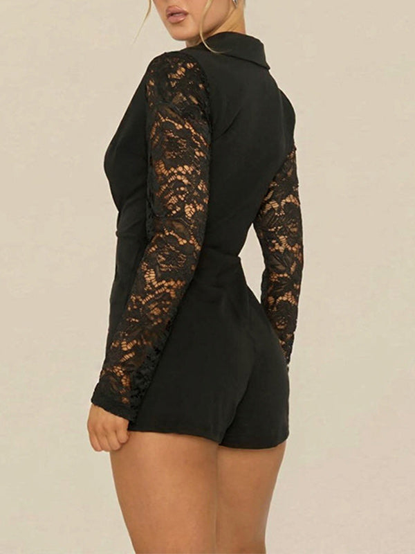 V-Neck Lace Sleeve Blazer Romper