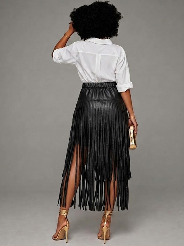 Faux Leather Fringe Midi Skirt