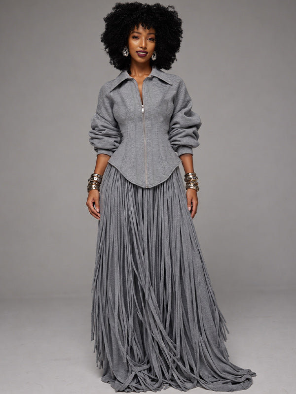 Sculpted Zip Up Jacket & Fringe Wide Leg Pants Set
