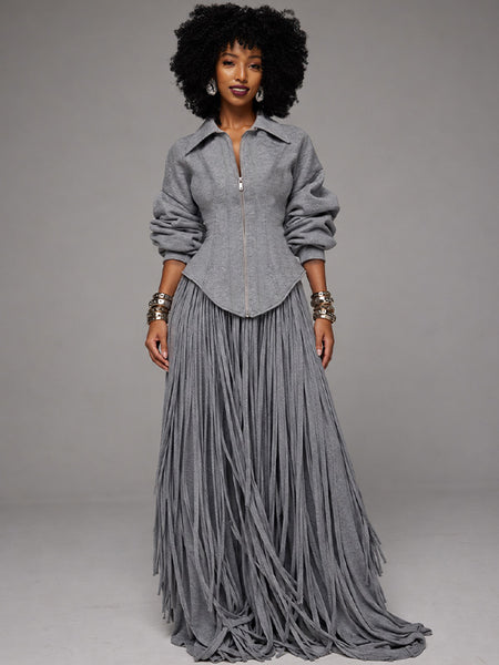 Sculpted Zip Up Jacket & Fringe Wide Leg Pants Set