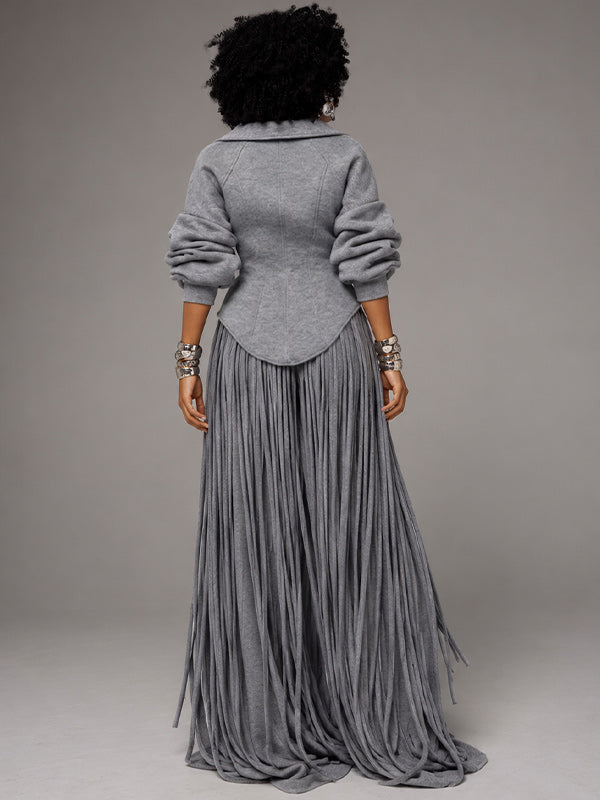 Sculpted Zip Up Jacket & Fringe Wide Leg Pants Set