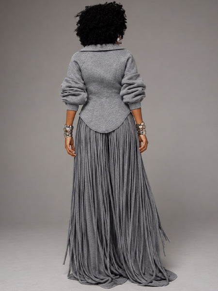 Sculpted Zip Up Jacket & Fringe Wide Leg Pants Set