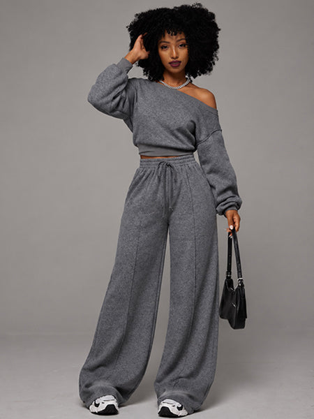 Boat-Neck Sweatshirt & Wide Leg Pants Set