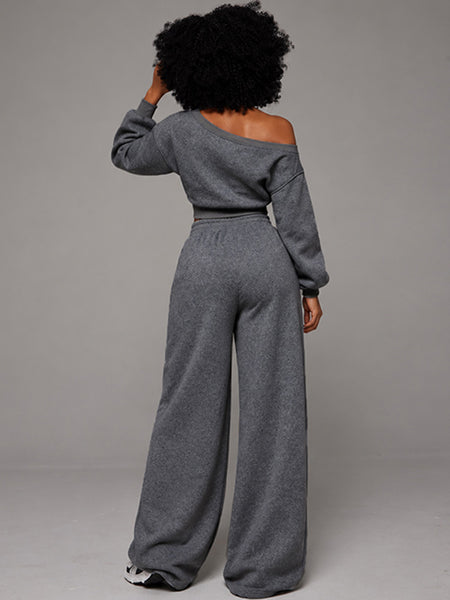 Boat-Neck Sweatshirt & Wide Leg Pants Set