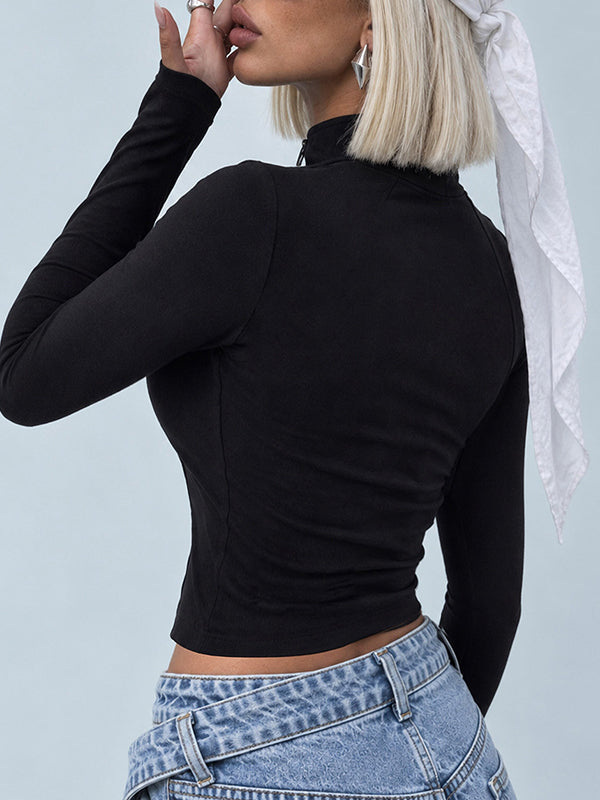 Solid Zip-Front Long Sleeve Top