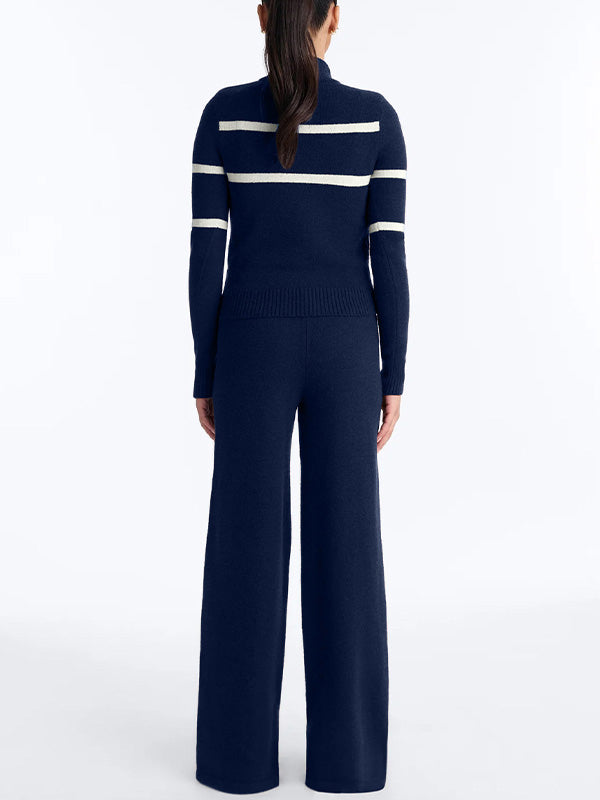 Knit Striped Zip-Up Sweater & Wide Leg Pants Set