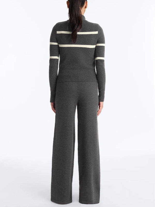 Knit Striped Zip-Up Sweater & Wide Leg Pants Set