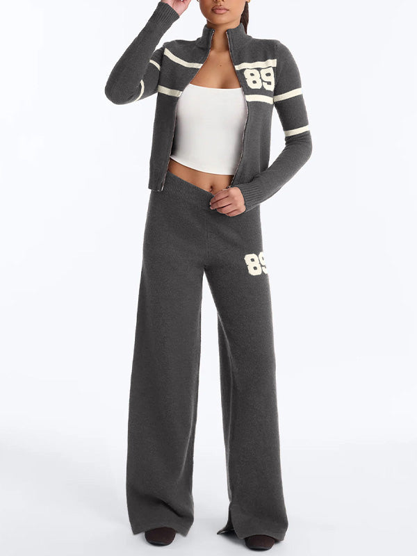 Knit Striped Zip-Up Sweater & Wide Leg Pants Set