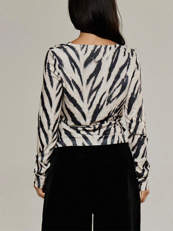 Zebra Print Plunge Ruched Top