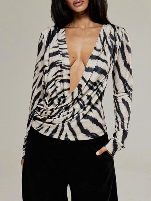 Zebra Print Plunge Ruched Top