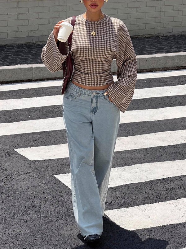 Houndstooth Print Flared Sleeve Top