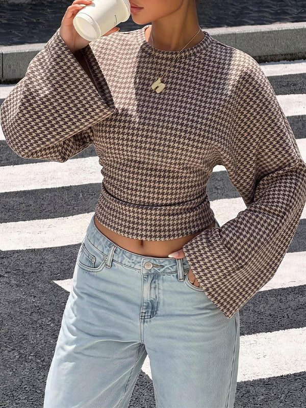Houndstooth Print Flared Sleeve Top