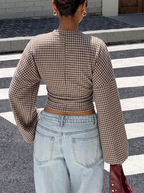 Houndstooth Print Flared Sleeve Top