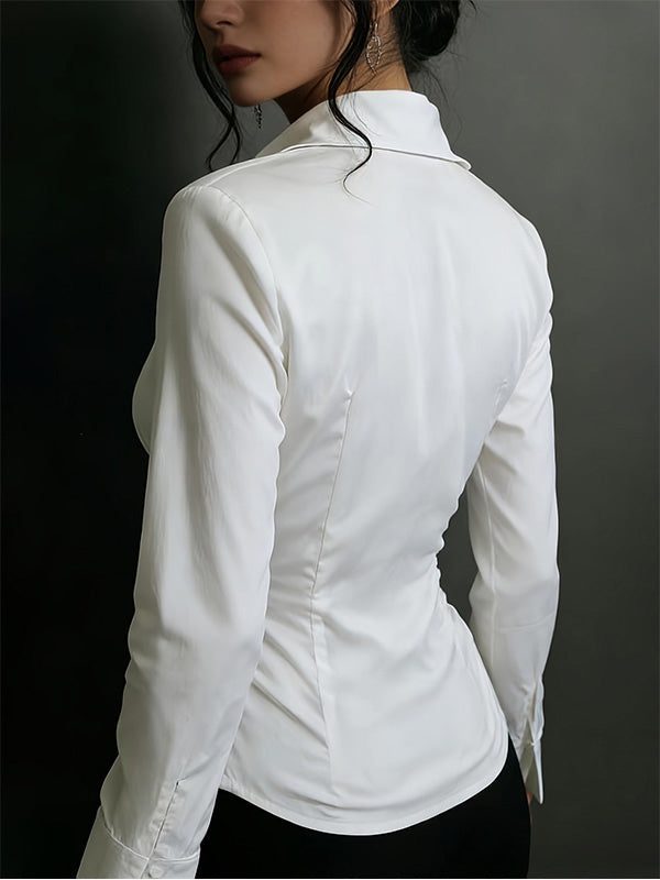 V-Neck Ruched Waist Button Shirt