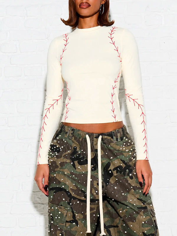 Sporty Baseball Stitch Print Fitted Top