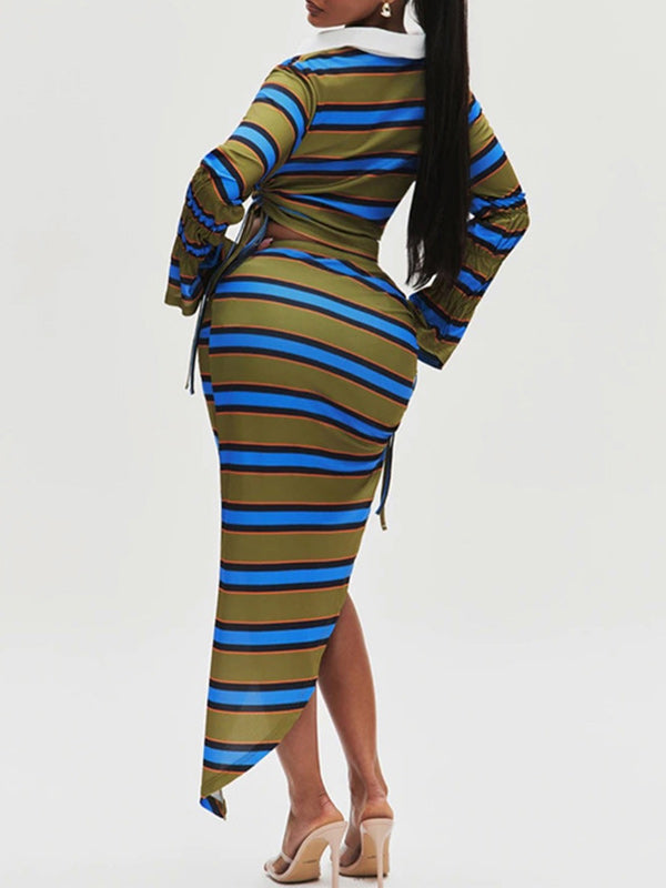 Stripe Polo Top & Slit Skirt Set