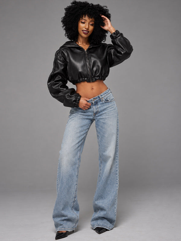 Faux Leather Hooded Cropped Jacket