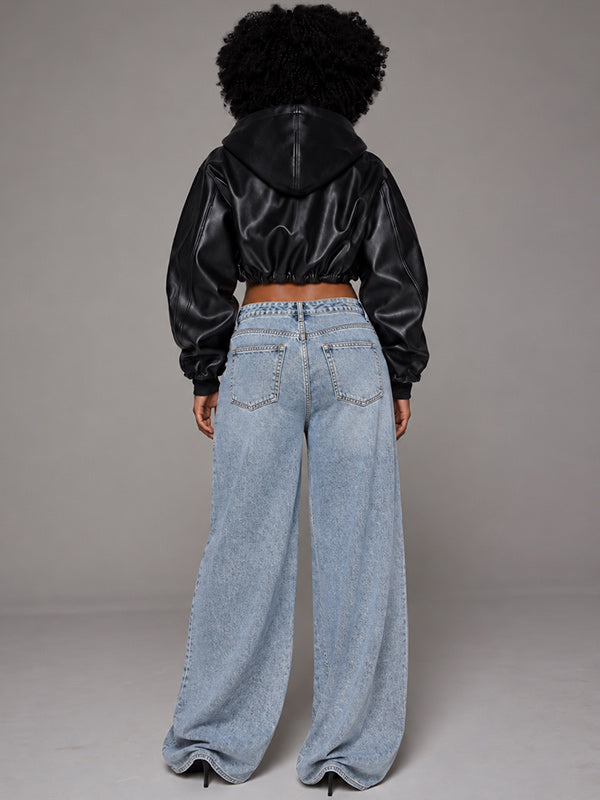 Faux Leather Hooded Cropped Jacket