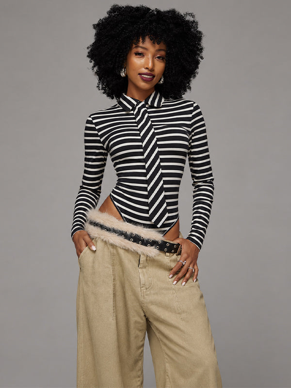 Striped Tie-Neck Bodysuit