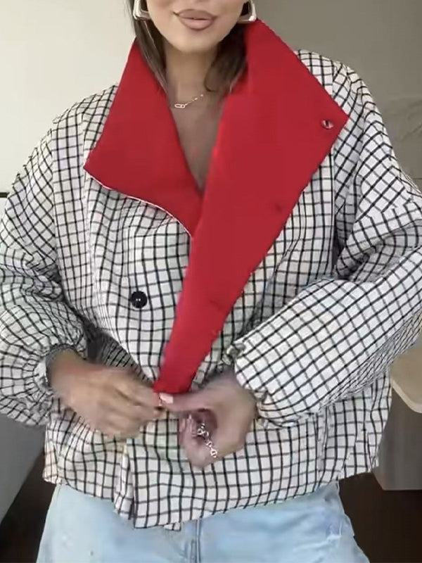 Contrast Plaid Button-Front Jacket