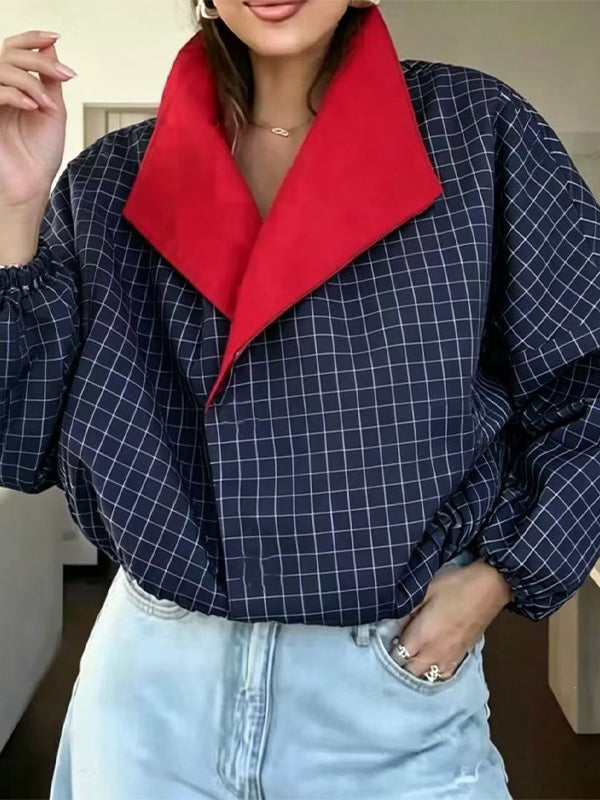 Contrast Plaid Button-Front Jacket