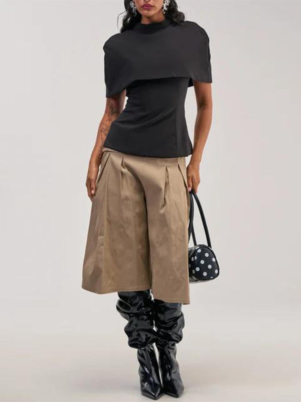 Foldover-Waist Wide-Leg Capri Pants