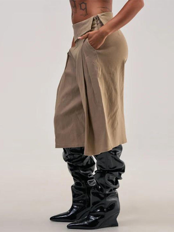 Foldover-Waist Wide-Leg Capri Pants
