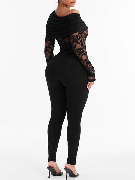 Lace-Combo Boat-Neck Jumpsuit