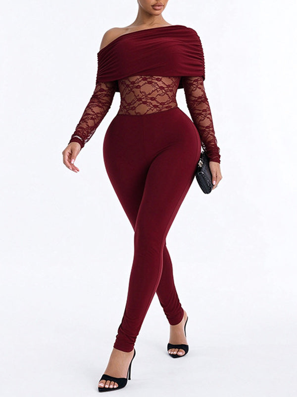 Lace-Combo Boat-Neck Jumpsuit