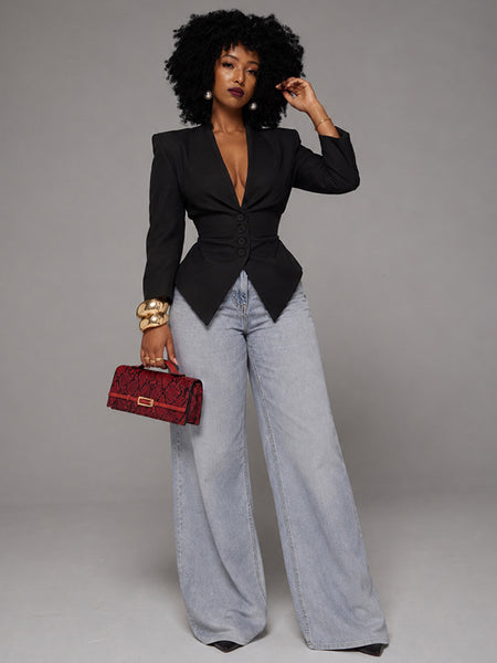 V-Neck Tailored Button Front Blazer