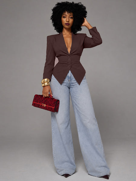 V-Neck Tailored Button Front Blazer