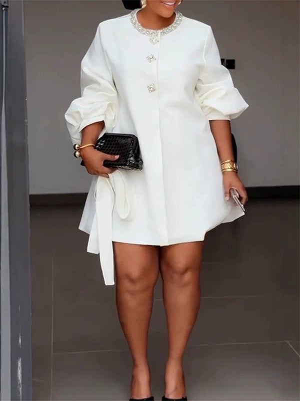 Jeweled Neck Puff Sleeve Belted Dress