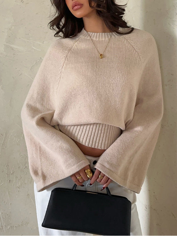 Round-Neck Bell-Sleeve Knit Sweater