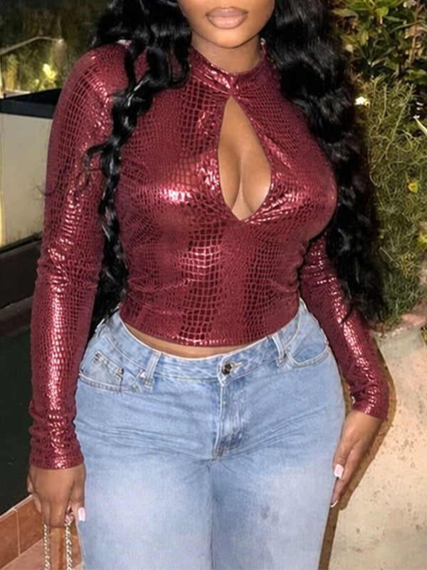Crocodile Faux-Leather Cutout Top