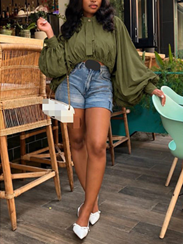 Mock-Neck Puff-Sleeve Drawstring Blouse