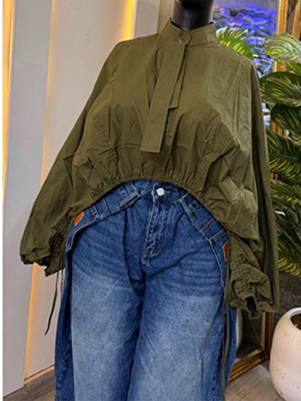 Mock-Neck Puff-Sleeve Drawstring Blouse
