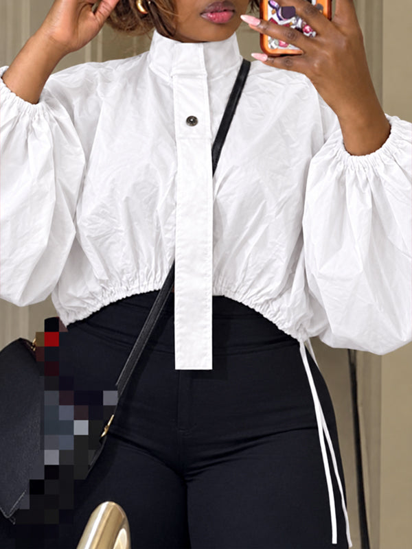 Mock-Neck Puff-Sleeve Drawstring Blouse