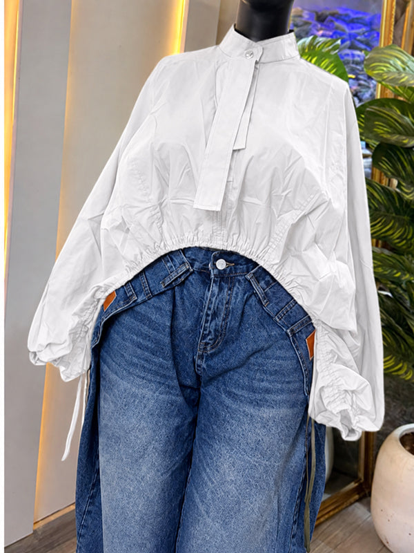 Mock-Neck Puff-Sleeve Drawstring Blouse