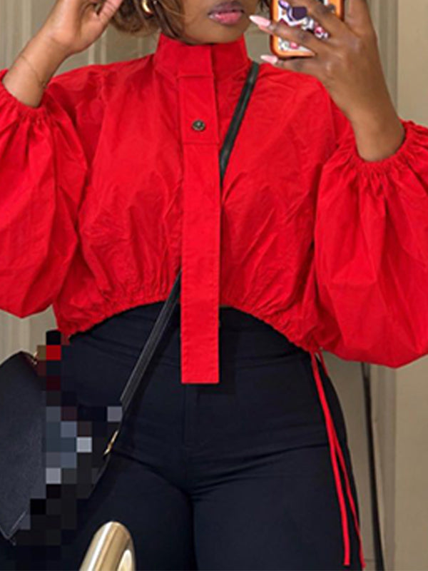 Mock-Neck Puff-Sleeve Drawstring Blouse