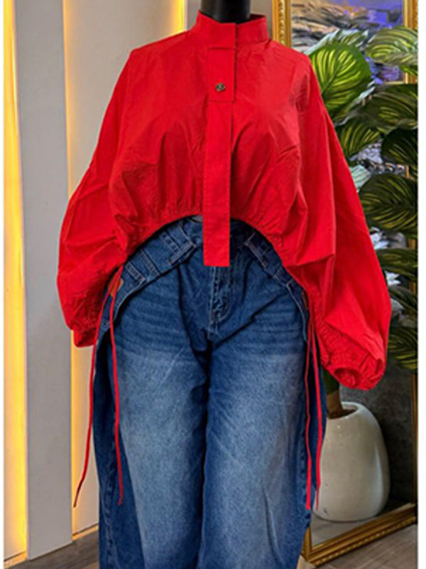 Mock-Neck Puff-Sleeve Drawstring Blouse