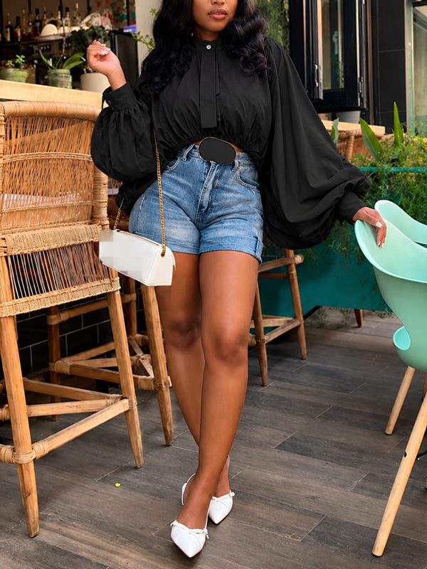 Mock-Neck Puff-Sleeve Drawstring Blouse