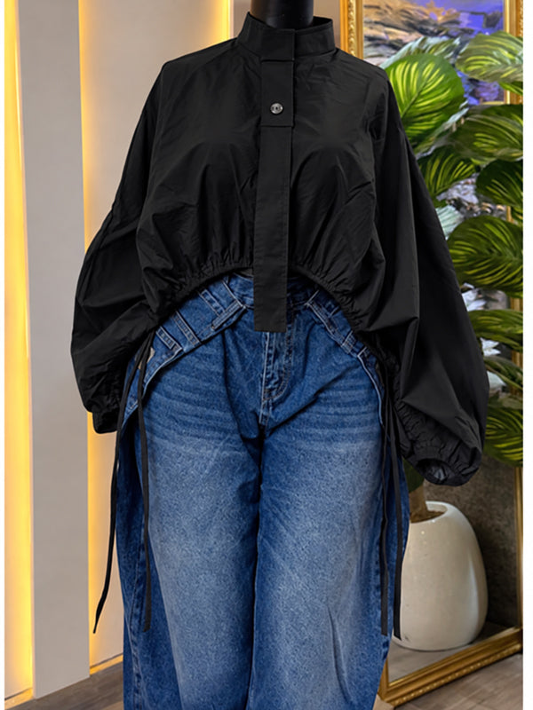Mock-Neck Puff-Sleeve Drawstring Blouse