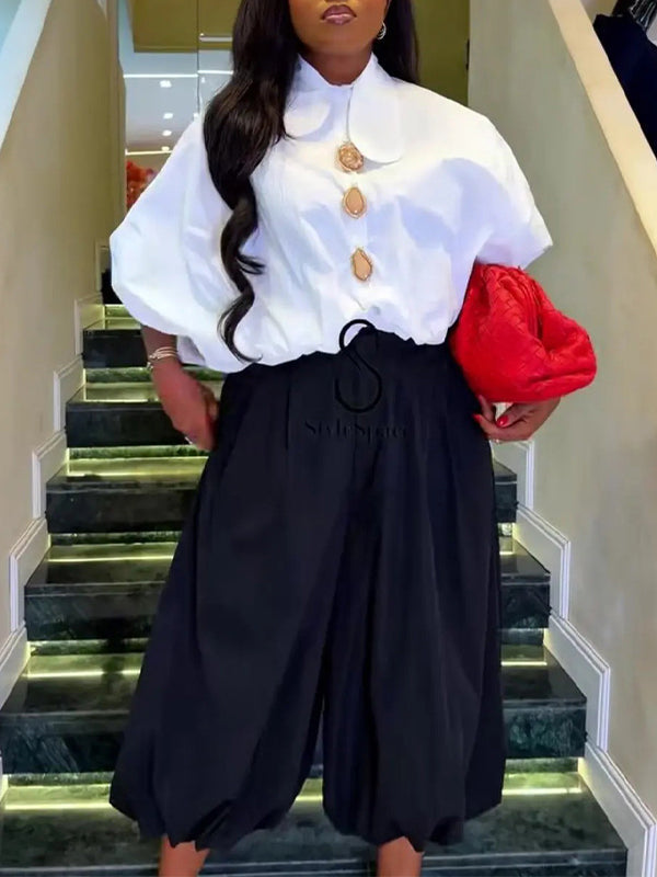 Peter Pan Collar Puff-Sleeve Shirt