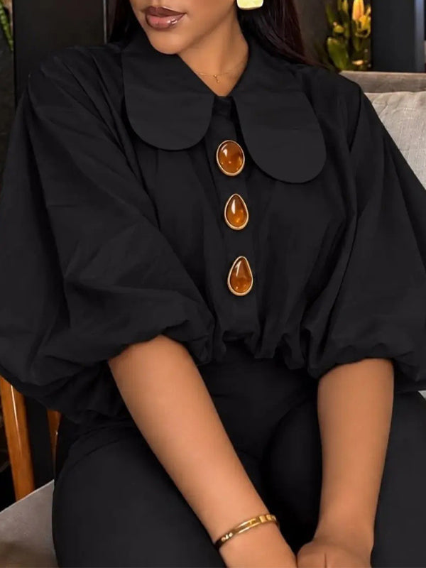 Peter Pan Collar Puff-Sleeve Shirt