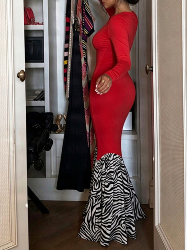 Mock-Neck Zebra Print Contrast Mermaid Dress