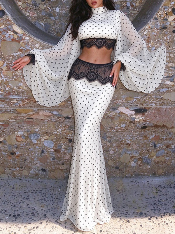 Lace Combo Mock-Neck Puff-Sleeve Crop Top & Skirt Set