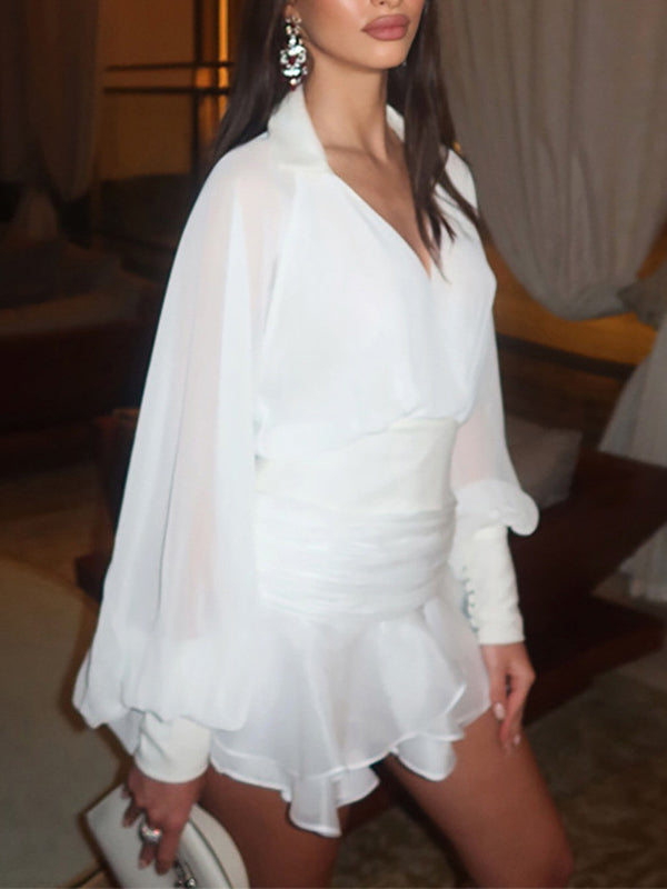 V-Neck Puff-Sleeve Shirt & Ruffle Skirt Set