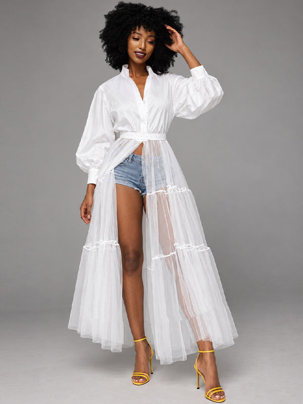 Tulle-Combo Puff-Sleeve Shirt