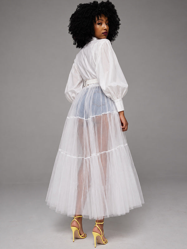 Tulle-Combo Puff-Sleeve Shirt