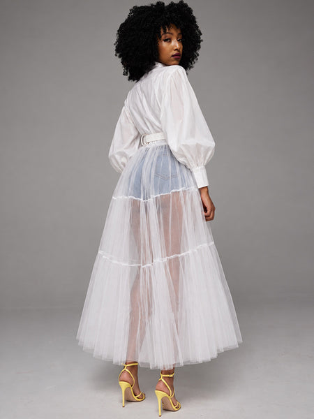 Tulle-Combo Puff-Sleeve Shirt
